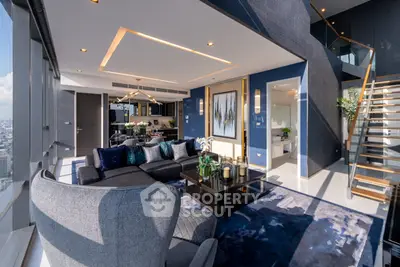 Luxurious modern living room with city view and elegant decor