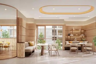 Luxurious modern living room with elegant wooden accents and large windows offering natural light.