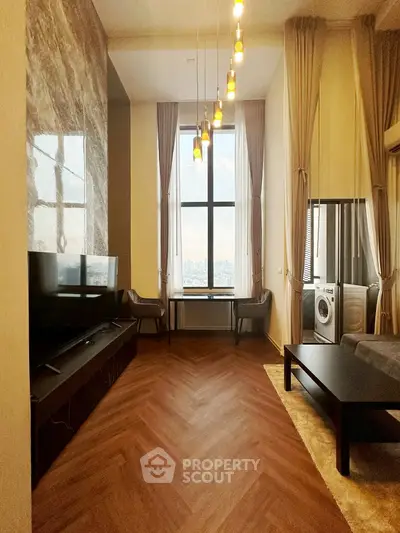 Luxurious living room with modern decor and stunning city view