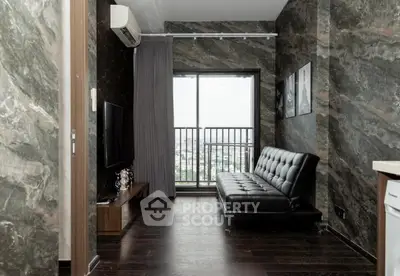 Stylish living room with modern decor and city view balcony