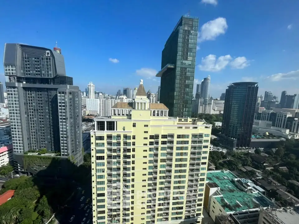 Stunning cityscape view with modern high-rise buildings under a clear blue sky.