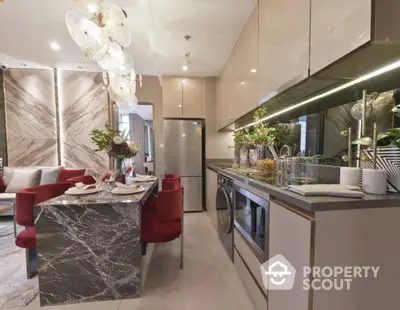 Luxurious modern kitchen with marble island, high-end appliances, and elegant dining area, perfect for entertaining and culinary enthusiasts.