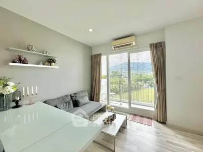 Modern living room with mountain view and stylish decor