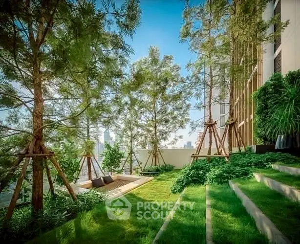 Luxurious rooftop garden with lush greenery and city skyline view