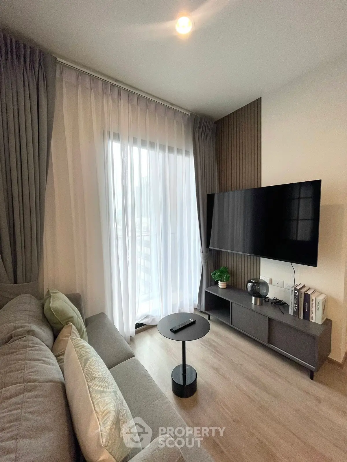 Modern living room with sleek TV setup and cozy sofa