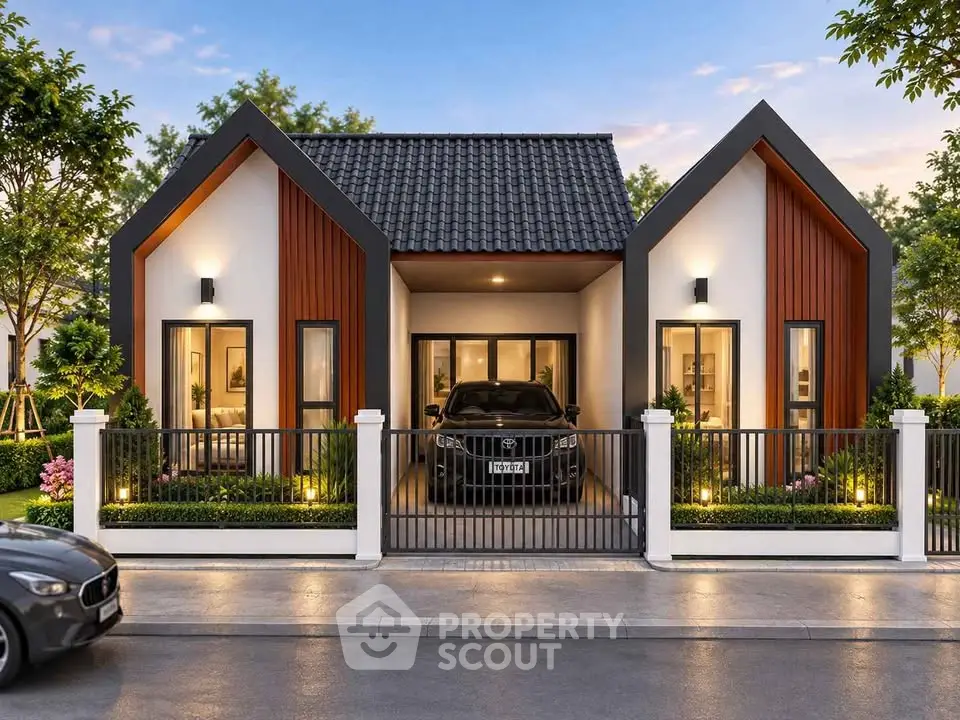 Modern double-gabled house with sleek design and landscaped garden, featuring a carport and stylish exterior lighting.