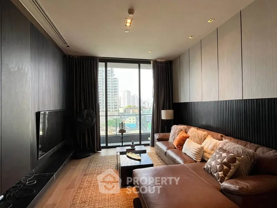 Luxurious living room with modern decor and city view