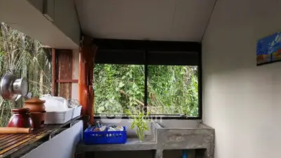 Charming rustic kitchen with lush garden view and open layout.