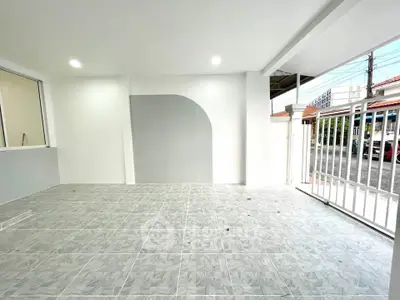 Spacious tiled balcony with modern design and street view