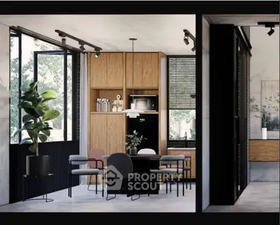 Modern kitchen with open layout and stylish dining area, featuring sleek cabinetry and large windows.