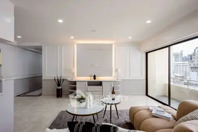 Luxurious modern living room with city view and elegant decor
