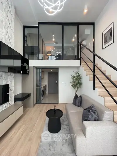 Modern duplex living room with stylish decor and mezzanine level