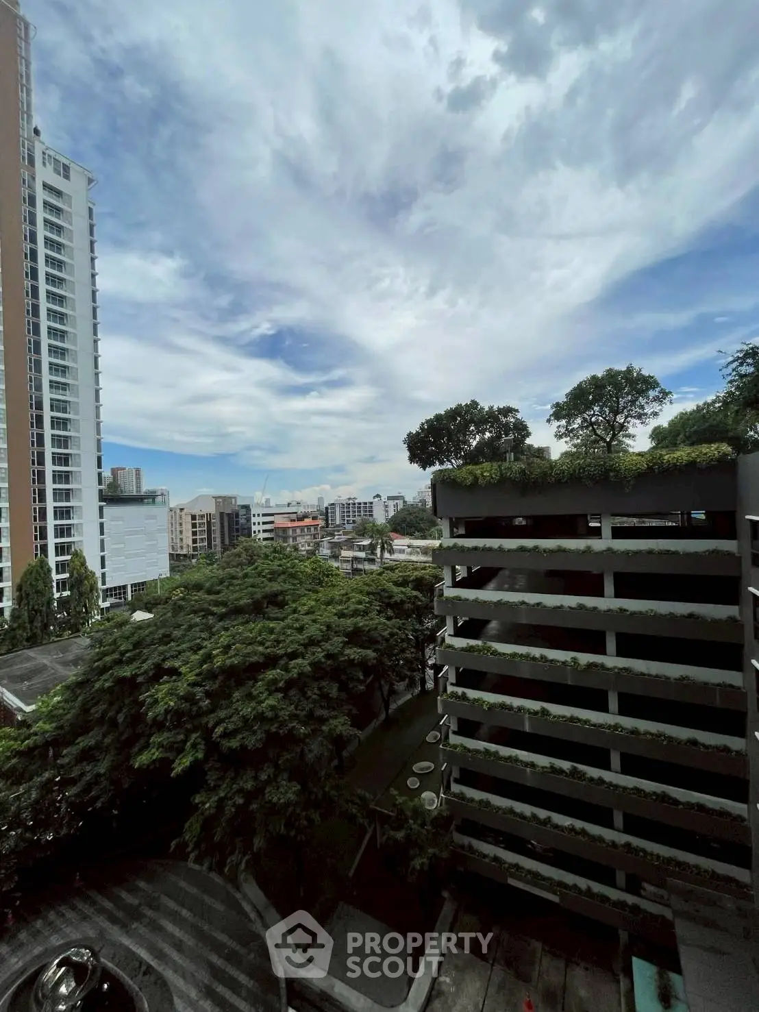 Stunning urban view from high-rise building with lush greenery and cityscape