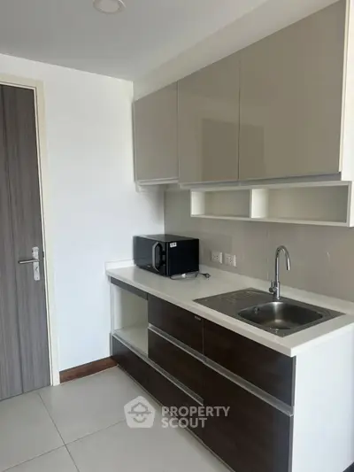 Modern kitchen with sleek cabinetry and compact microwave