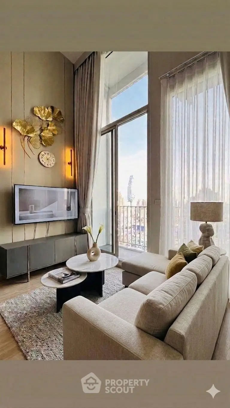 Luxurious living room with high ceilings, modern decor, and stunning city view from large windows.