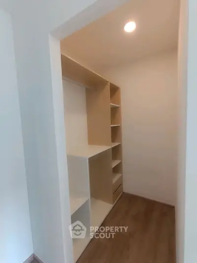 Spacious walk-in closet with wooden shelves and modern lighting