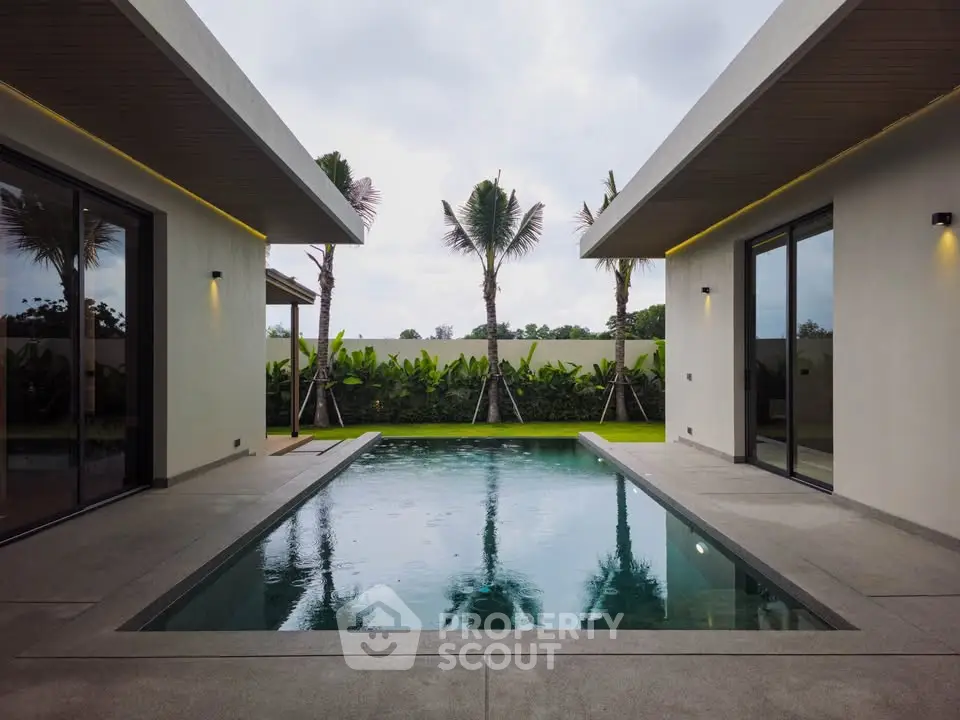 Luxurious modern villa with private pool and lush greenery, perfect for relaxation and entertainment.