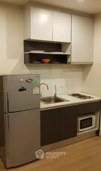 Modern compact kitchen with sleek cabinets and appliances in a cozy apartment setting.