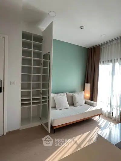 Modern living room with built-in storage and cozy sofa