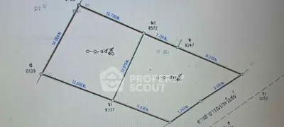 Detailed schematic plan of a property with precise measurements and boundary lines.