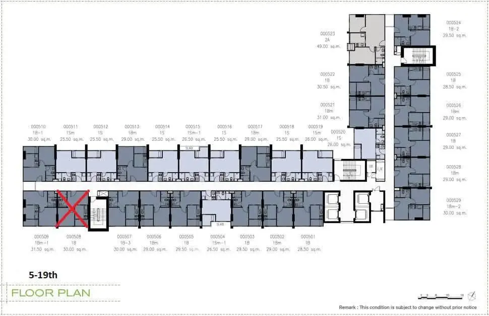 Detailed floor plan of a multi-unit residential building with unit numbers and dimensions.