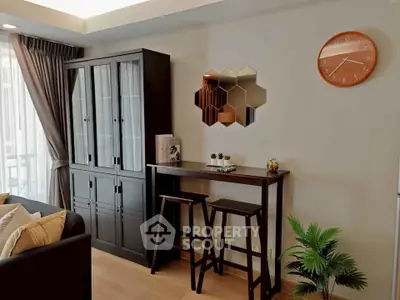 Stylish living room with modern furniture and unique wall decor