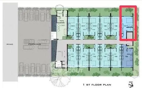 First floor plan showcasing parking and multiple unit layouts in a residential building.