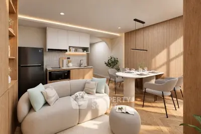 Modern open-plan living room and kitchen with elegant dining area and cozy seating.