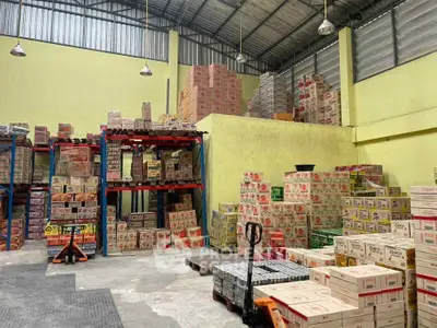 Spacious warehouse with high ceilings and organized shelving, ideal for storage and distribution needs.