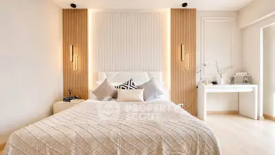 Luxurious modern bedroom with elegant lighting and stylish decor