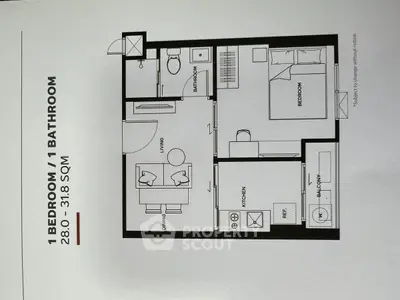 Modern 1-bedroom apartment floor plan with balcony and open living area.
