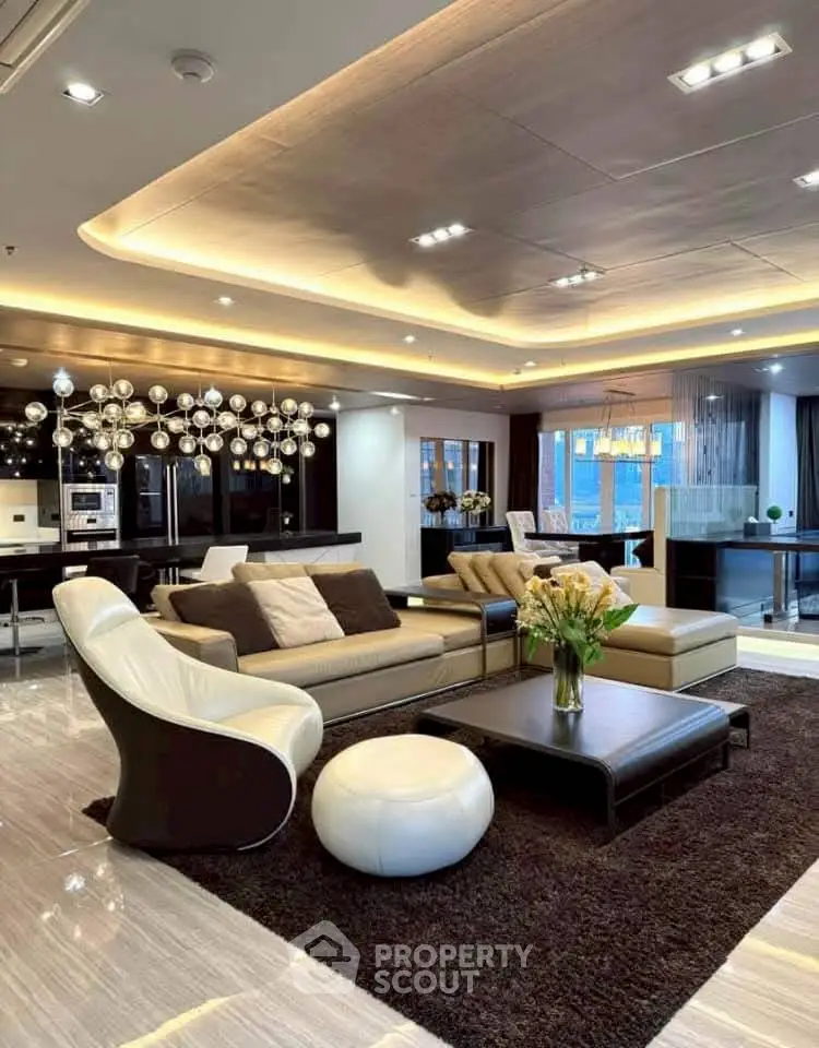 Luxurious modern living room with elegant lighting and stylish furniture