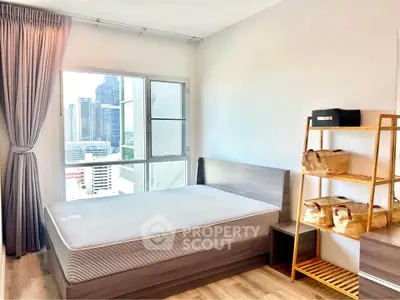 Modern bedroom with city view, featuring a stylish bed and wooden shelving unit, perfect for urban living.