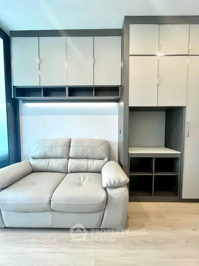 Modern living room with sleek cabinetry and comfortable leather sofa