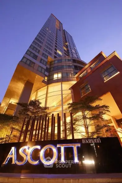 Stunning view of Ascott building exterior with modern architecture and evening lighting.