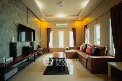 Modern living room with sleek design and cozy leather sofa