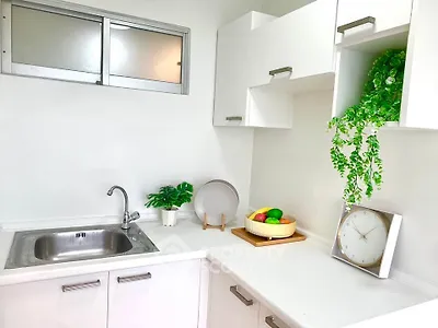 Modern white kitchen with sleek cabinets and stylish decor