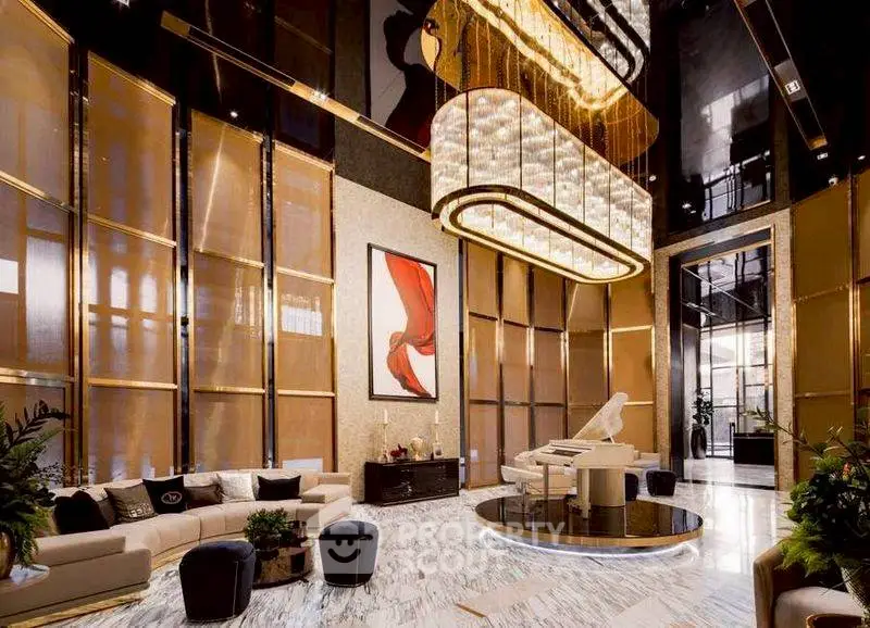 Luxurious high-ceiling living room with grand piano and elegant chandelier