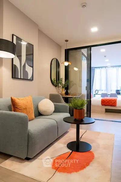 Modern living room with stylish decor and cozy seating area