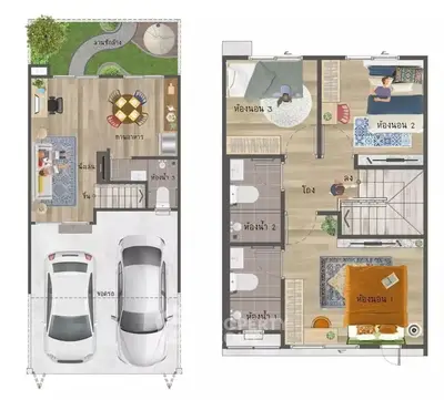 Modern two-story house floor plan with spacious layout and garden area.
