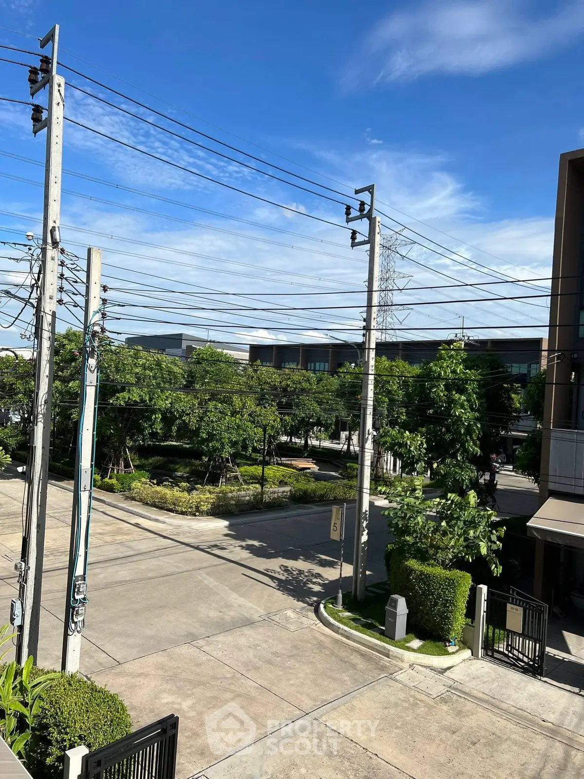 Modern residential street view with lush greenery and clear blue sky.