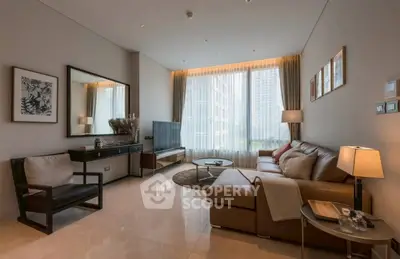 Luxurious modern living room with leather sofa and large window view in high-rise apartment.