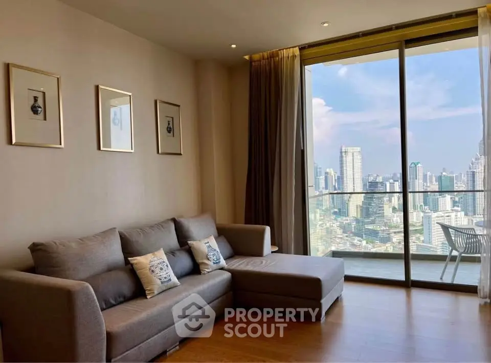 Modern living room with city view and large balcony in luxury apartment