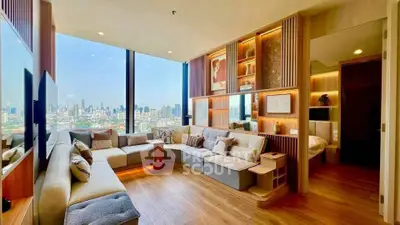 Luxurious modern living room with panoramic city view and stylish decor