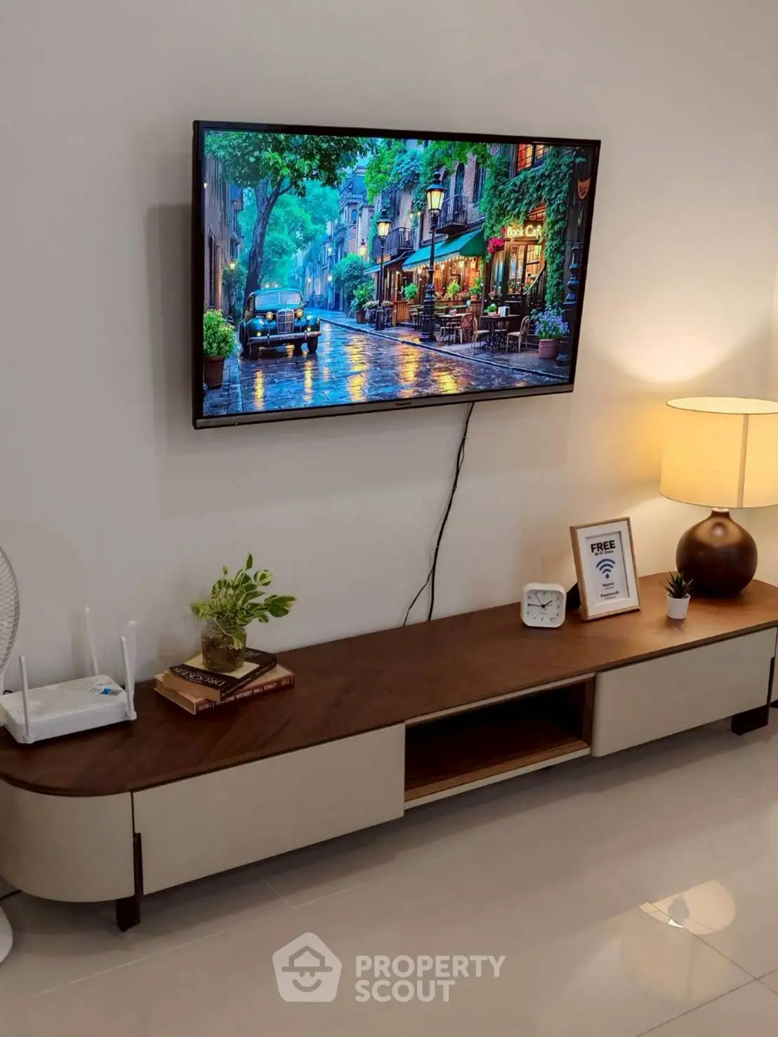 Modern living room with sleek TV setup and stylish decor