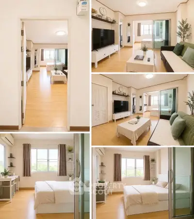 Spacious modern apartment with open living room and cozy bedroom, featuring stylish decor and ample natural light.