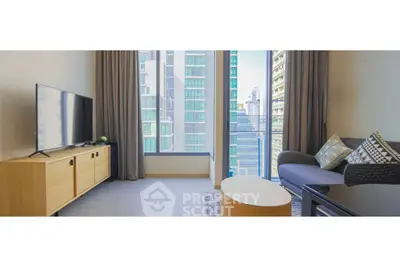 Modern living room with city view and stylish furniture