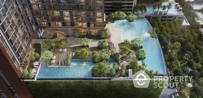 Luxurious high-rise condo with a stunning rooftop pool oasis, surrounded by lush greenery and modern lounging areas, perfect for upscale urban living.