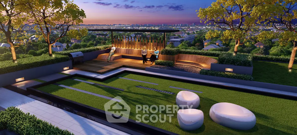 Luxurious rooftop garden with stunning city view at sunset, featuring modern seating and lush greenery.