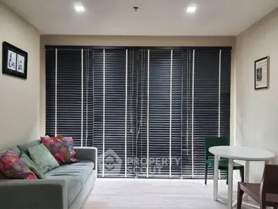 Cozy living room with modern blinds and stylish decor